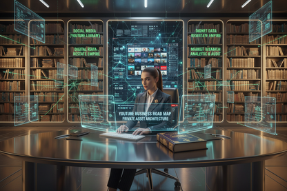 Woman 20's working on a computer with a futuristic network background WITH A BOOK ON HIS LARGE OFICE DESK WRITEN: "YOUTUBE BUSINESS ROAD MAP" "PRIVATE ASSET ARCHITECTURE".COLOR"GOLD LIGHT","GREEN AND BLUE", "SILVER".We see clearly on the wall,zooming written:SOCIAL MEDIA (YOUTUBE LIBRARY),"DIGITAL REAL ESTATE EMPIRE" MARKET DATA RESEARCH ANALYTIC & AUDIT "STRATEGY & GROWTH.AND IN HIS BACKGROUND SHOW A BIG GOLD LIBRARY DIVIDED IN 3 COLUM THE RIGHT AND THE LEFT HAVE BOOK AND THE MIDDLE GETS ONLY YOUTUBE VIDEO