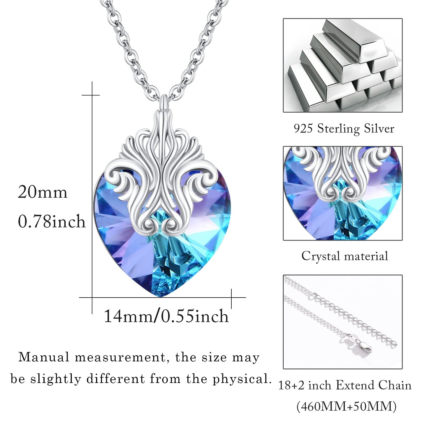925 Sterling Silver Vintage Pattern Necklace Heart Crystal Necklace