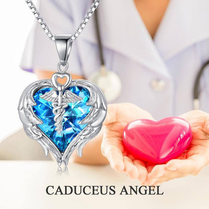 Nurse Gifts for Women 925 Sterling Silver Nurse Necklace with Caduceus Angel Wing Heart Charm